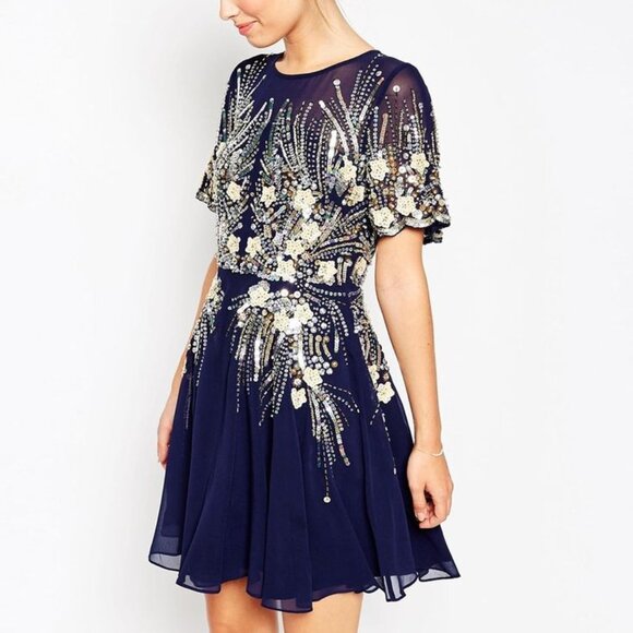 ASOS Gold and Navy Sparkle Mesh Skater Dress - Picture 1 of 8